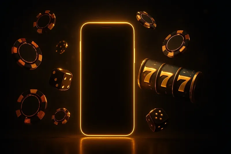 Panoramic banner with glowing smartphone, floating casino chips, slot reels, dice, and gold accents on dark background